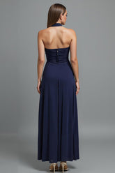 Dunkelblaues Trägerloses Abendkleid mit Schlitz